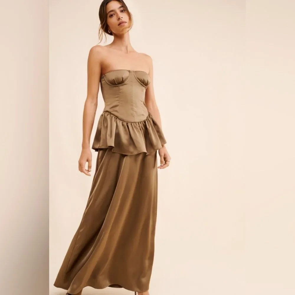 WeWoreWhat Strapless Corset Peplum Maxi Dress Brown 0 - Picture 10 of 10